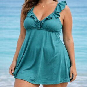 Teal Ruffle Strap Swim Dress – Flowy A-Line Beach Cover Up, L